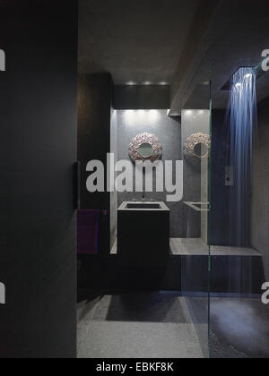 Salle de bains avec douche, l'eau courante et d'ouvrir la porte Banque D'Images