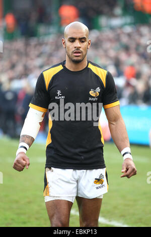 Leicester, Royaume-Uni. 29 Nov, 2014. Aviva Premiership Rugby. Leicester Tigers et London Wasps. Tom Varndell (London Wasps) en action. © Plus Sport Action/Alamy Live News Banque D'Images