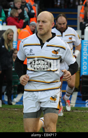 Leicester, Royaume-Uni. 29 Nov, 2014. Aviva Premiership Rugby. Leicester Tigers et London Wasps. Joe Simpson (London Wasps) s'épuise au début du jeu. © Plus Sport Action/Alamy Live News Banque D'Images