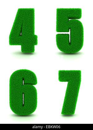 Chiffres 4, 5, 6, 7 - Ensemble d'herbe verte sur fond blanc en 3d. Banque D'Images