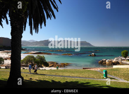 Palmier avec la mer turquoise et sable avec des promontoires dans la distance. Banque D'Images