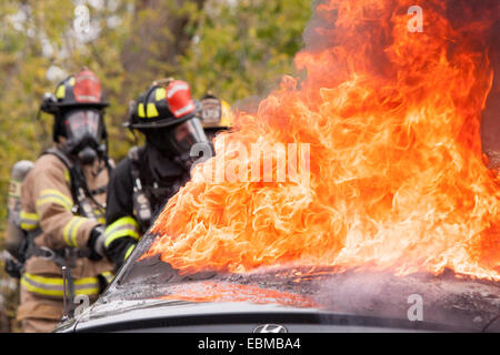 Les pompiers éteindre les feux d'une voiture Banque D'Images