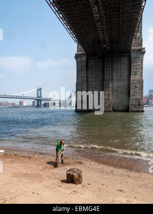 New York, NY 25 Juillet 2009 - l'homme et un chien sur une plage sous le pont de Brooklyn. Banque D'Images