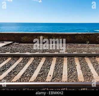 Des voies de chemin de fer dans la paroi avant avec graffiti en face de la mer, les Cinque Terre, La Spezia, Cinque Terre, ligurie, italie Banque D'Images