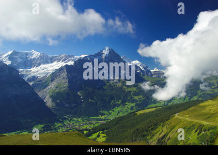 Fiescherhoerner, Eiger, Jungfrau, Silberhorn, Tschingelhorn, avec Grindelwald, à partir de la première, Suisse Banque D'Images