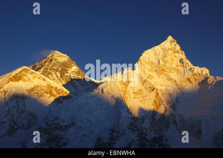 Le mont Everest (en face : à l'ouest de l'épaule) et Nuptse dans lumière du soir. Vue depuis le Kala Patthar, Népal, Himalaya, Khumbu Himal Banque D'Images
