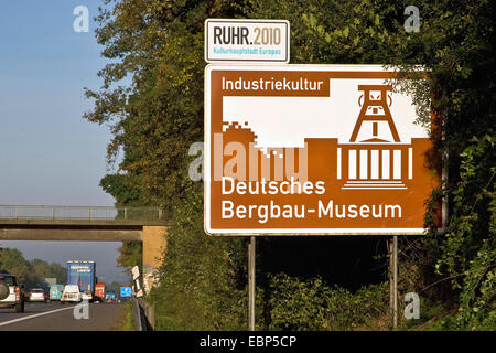 Informations Inscription sur une autoroute dans la Ruhr sur le musée allemand de la mine, Deutsches Bergbau-Museum Bochum, Allemagne, Rhénanie du Nord-Westphalie, région de la Ruhr, Bochum Banque D'Images
