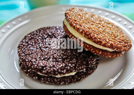 Deux cookies au chocolat rempli de remplissage vanille sucre sur le dessus sur une plaque blanche Banque D'Images