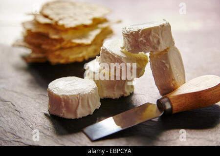 Les agriculteurs français bio fromage de chèvre couper avec un couteau sur un plateau de fromage avec un côté de craquelins de grains multiples Banque D'Images