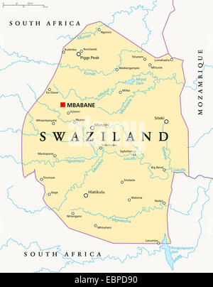 Carte politique du Swaziland, Mbabane capital avec les frontières nationales, d'importantes villes, rivières et lacs. L'étiquetage en anglais et d'adaptation. Banque D'Images