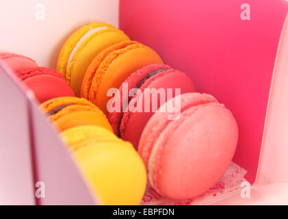 Macarons colorés mixtes dans une boîte Banque D'Images