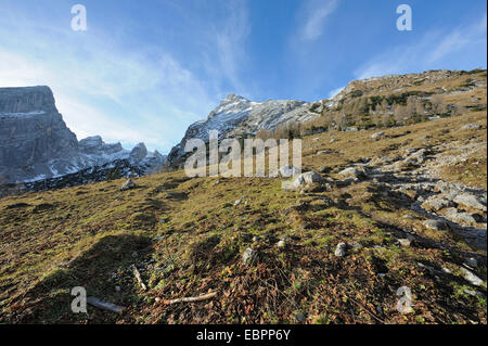 Vue sur la montagne Watzmann vont de la sentier de randonnée pédestre, Ramsau, Berchtesgaden, Allemagne Banque D'Images