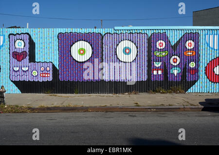 Le mot LOOM écrit en graffiti sur l'Avenue Knickerbocker Avenue rinçage à Bushwick, Brooklyn, New York Banque D'Images