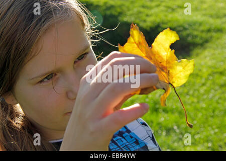 Petite fille à la recherche d'une feuille d'automne, en Allemagne, en Rhénanie du Nord-Westphalie Banque D'Images