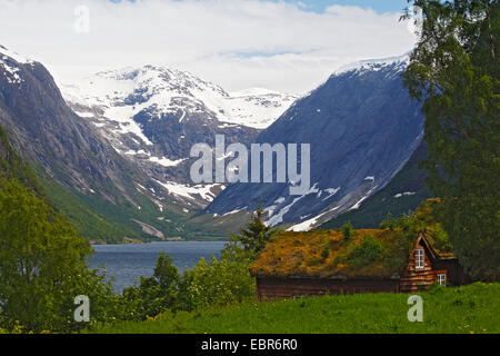 Kjoesnesfjord avec cabane en bois, Norvège Banque D'Images