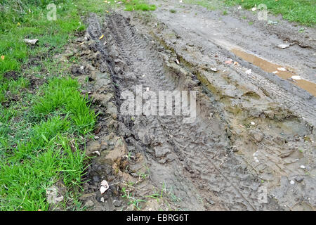 Gros plan du véhicule les voies dans la boue dans un établissement rural Banque D'Images