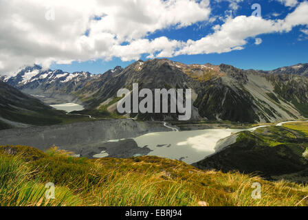 Le lac Hooker, Hooker Glacier, Mueller et le lac Hooker River, Hooker Valley, la Nouvelle-Zélande, le sud de l'Île, Parc National du Mont Cook Banque D'Images