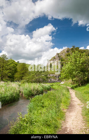 Sentier à côté de la rivière dove dans wolfscote dale, Derbyshire sur une belle journée d'été, ensoleillé. Banque D'Images