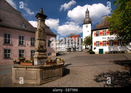 Vieux Marché, hôtel de ville, beffroi et Maximilianbrunnen, Allemagne, Nordrhein-Westfalen, Arnsberg Sauerland, Banque D'Images