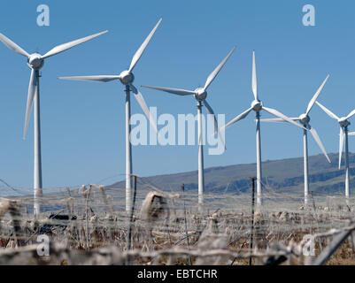 L'usine de l'énergie éolienne dans un champ paysage en face de ridge, Canaries, Canaries, Gran Canaria Banque D'Images