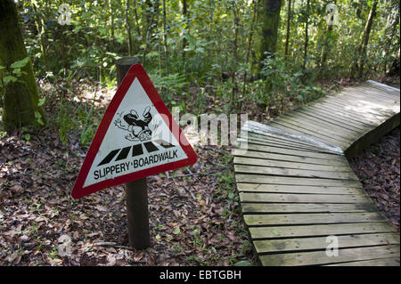 Panneau d'avertissement pour les bandes glissantes dans la forêt vierge, Afrique du Sud, Eastern Cape, le parc national de Tsitsikamma Banque D'Images