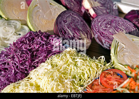 Chou blanc (Brassica oleracea var. capitata f. alba), non cuit la nourriture végétarienne, des tomates, du chou rouge Banque D'Images