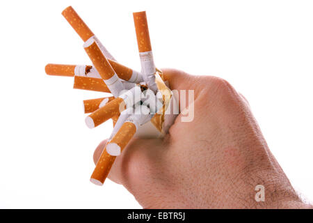 Une main d'homme avec des cigarettes froissé Banque D'Images