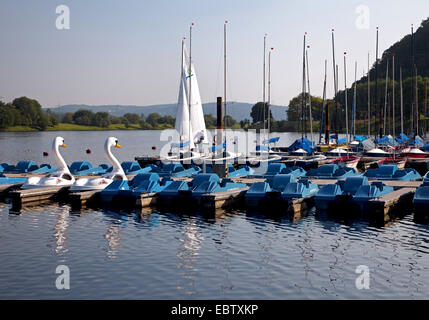 Bateaux à voile et bateaux à pédales en forme de Swan Landing stage dans Heveney sur le lac Kemnader Kemnade, voir, en Allemagne, en Rhénanie du Nord-Westphalie, Ruhr, Witten Banque D'Images