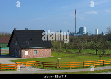 Maison individuelle de Walsum power plant en arrière-plan, l'Allemagne, en Rhénanie du Nord-Westphalie, région de la Ruhr, Duisburg Banque D'Images