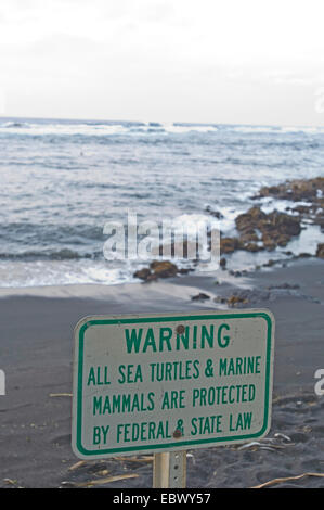 Panneau d'avertissement à Punaluu Beach, plage de sable noir, USA, Hawaii, Punaluu Beach Banque D'Images