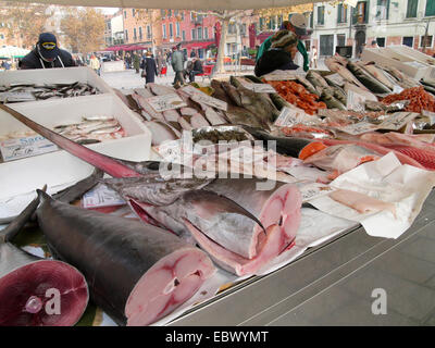 Campo Santa Margherita. L'espadon et des fruits de mer sur le marché aux poissons de Venise, Italie, Venise Banque D'Images