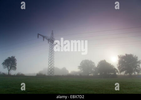 Soleil levant franchir matin brouillard sur une prairie paysage avec une ligne à haute tension, l'Allemagne, la Saxe, Vogtlaendische Schweiz Banque D'Images