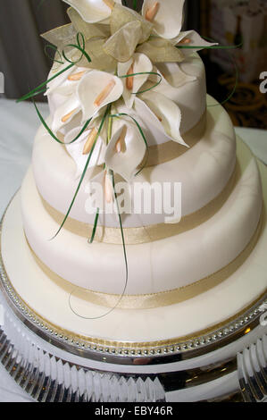 Gâteau de mariage blanc avec réception de mariage dans l'arrière-plan. Banque D'Images