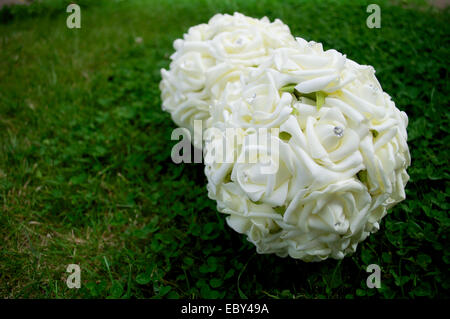 Fleurs pour la mariée blanc contre un fond d'herbe verte. Banque D'Images