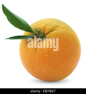 Orange douce avec des feuilles et gouttes d'eau isolé sur blanc Banque D'Images