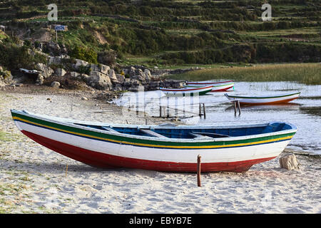 Petite barque en bois sur les rives du lac Titicaca en Challapampa sur l'Isla del Sol en Bolivie Banque D'Images