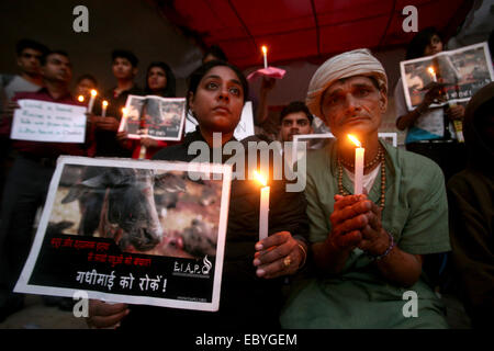 New Delhi, au Népal. 5 déc, 2014. Militants des droits de l'animal tenir candle light vigil pour pleurer la mort de l'animal des milliers de sacrifiés à Gadhimai festival dans le Népal, à New Delhi. Credit : Anil Kumar Shakya/Pacific Press/Alamy Live News Banque D'Images