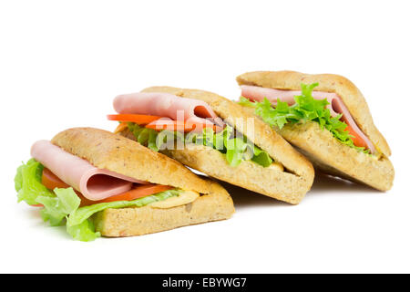 Trois sandwiches avec tranche de jambon isolated on white Banque D'Images