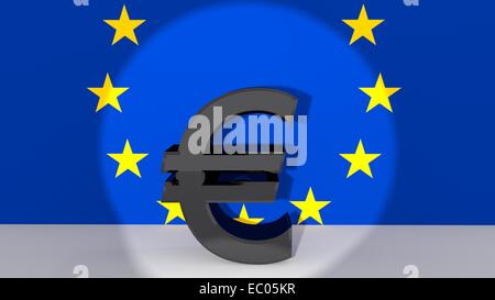 Symbole monétaire Euro faites de métal sombre dans Spotlight en face de drapeau européen Banque D'Images