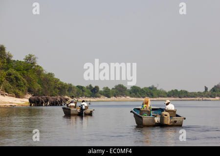 Bateaux de touristes sur la rivière Chobe, Chobe national park, Botswana Banque D'Images