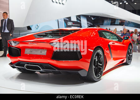 Genève - le 8 mars : La Lamborghini Aventador sur l'affichage à la 81e, Geneva Palexpo Salon International de l'automobile Banque D'Images