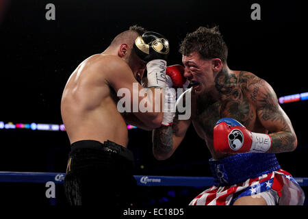 Brooklyn, New York, USA. 6e déc, 2014. Le 6 décembre 2014 - Brooklyn, New York, USA - DAVID LEMIEUX (lignes noires) et GABRIEL ROSADO bataille dans un titre de poids moyen NABF bout au Barclays Center de Brooklyn, New York. © Joel Plummer/ZUMA/Alamy Fil Live News Banque D'Images