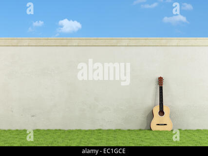 Guitare classique appuyé contre vieux mur dans un jardin - le rendu 3D Banque D'Images
