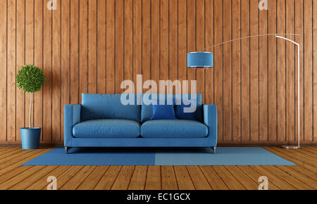 Salon avec canapé bleu contre la paroi en bois - 3D Rendering Banque D'Images