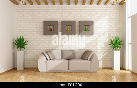 Salon avec canapé contemporain contre mur - le rendu 3D Banque D'Images