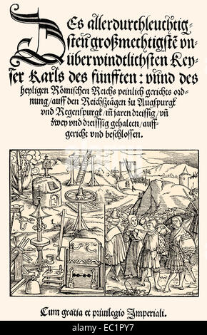 Titre de la Constitutio Criminalis Carolina, le premier corps de droit pénal allemand par Charles C., 1532, Banque D'Images