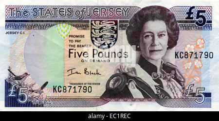 Cinq États de Jersey pound note Queen Elizabeth 2 €5 Service de l'argent Banque D'Images