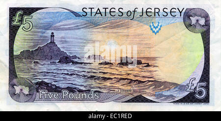 Cinq États de Jersey pound note verso La reine Elizabeth 2 €5 Service de l'argent La Corbière (Jersiais : La Corbiéthe) Banque D'Images