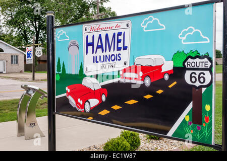 Illinois Hamel, autoroute historique route 66, panneau, murale, art, IL140902025 Banque D'Images