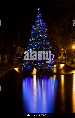 Les lumières d'arbre de Noël dans la nuit dans la rivière Windrush à Bourton On The Water, Cotswolds, Gloucestershire, Angleterre Banque D'Images